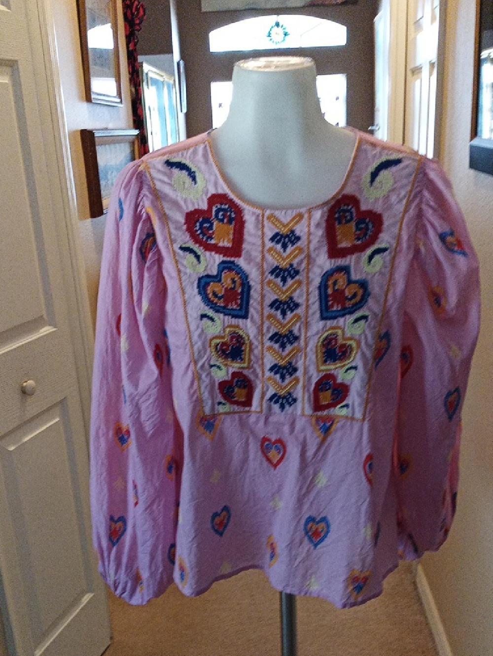 Farm Rio For Anthropologie Pink Embroidered Heart Peasant Blouse Medium
